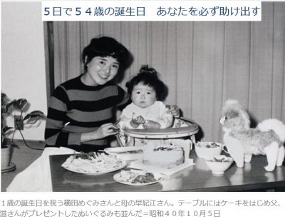 1歳の誕生日を祝う横田めぐみさんと母の早紀江さん。
